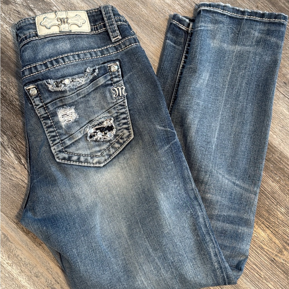 Miss Me Blue Denim Jeans with Distressed Accents